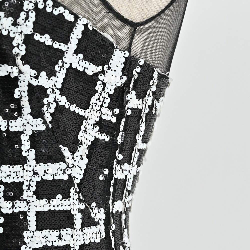 Aidan Mattox‎ Sequin Mini Dress Womens Size 2 Black White Sheath Sleeveless Mesh - Picture 10 of 15